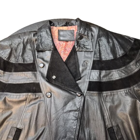 VTG 80s Black Leather Suede Balloon Coat Batwing Sleeves Paisley Lining L Power - Picture 5 of 11